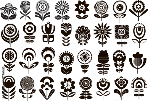 retro mcm mid c entury modern style black and white geomertic flowers collection, vector illustration graphic set