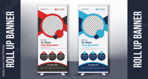 Roll up banner pull up signage x-stand design template with blue red elements for company business promotion marketing exhibition display  
