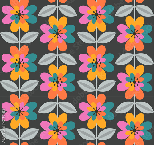 retro blooms mcm mid century modern style spring seamless pattern, vector illustration floral repeat design