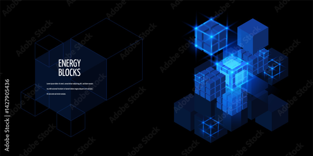 Energy blocks vector banner design, big data neon cube high tech virtual technology, AI HUD elements, energy box network