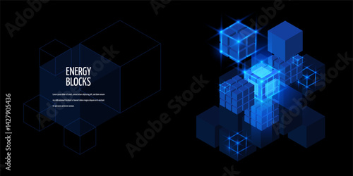Energy blocks vector banner design, big data neon cube high tech virtual technology, AI HUD elements, energy box network