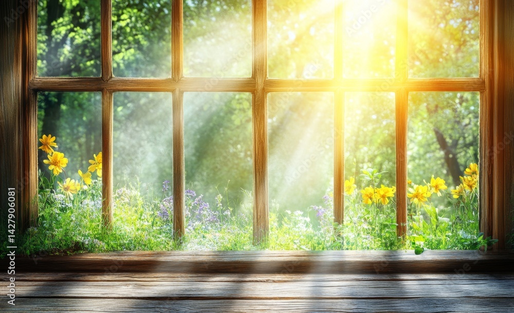 Naklejka premium Sunny garden view from a window