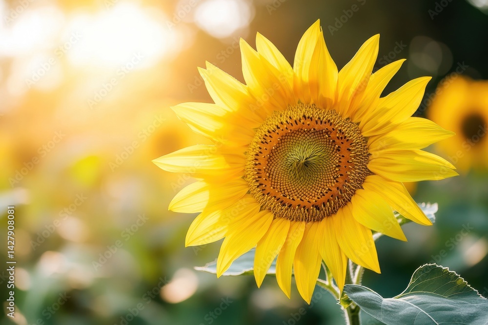 Fototapeta premium Vibrant sunflower field under sunny skies showcasing golden petals in a lush environment, ideal for nature lovers and agricultural themes. Perfect for seasonal and outdoor projects