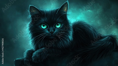 Mystical black cat with luminous eyes in a dark ethereal scene.