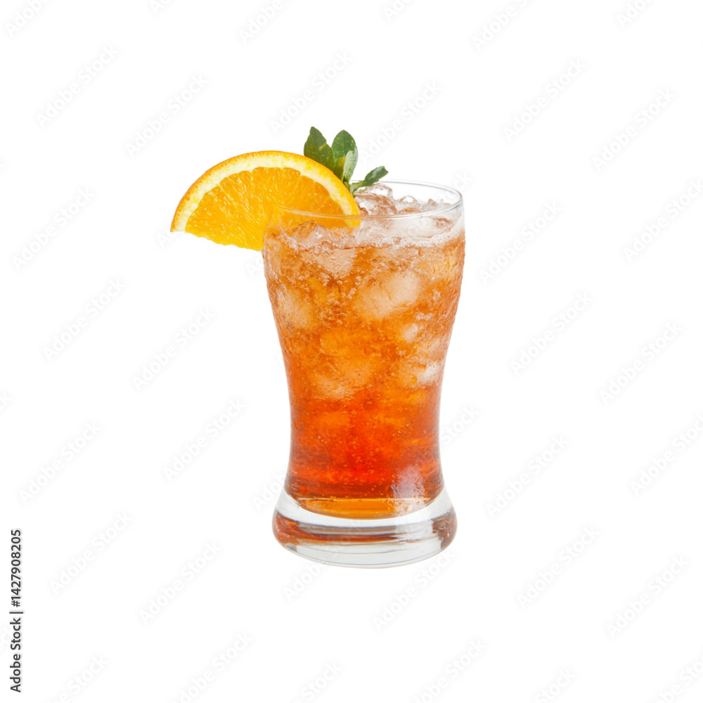 Refreshing orange drink with ice and slice of orange garnish Refreshing orange drink with ice and slice of orange garnish