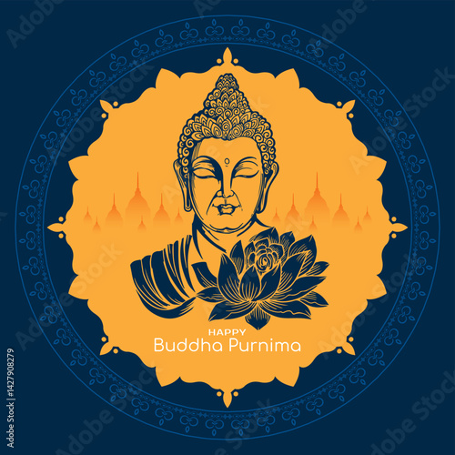 Happy Buddha Purnima Indian cultural festival card with Lord Buddha