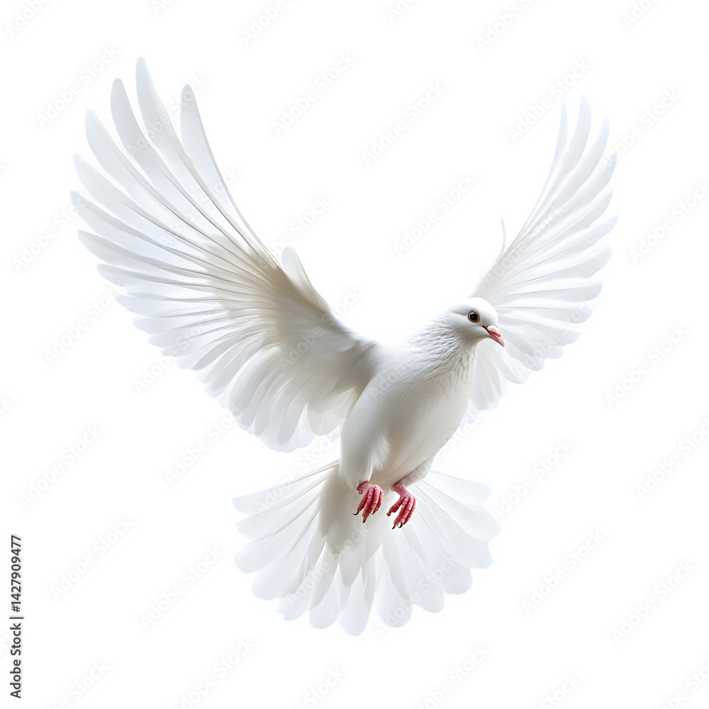 Fototapeta premium A white dove captured mid-flight, with its wings fully extended, showcasing individual feathers in stunning detail. The tail feathers spread slightly, adding to the elegant movement. 