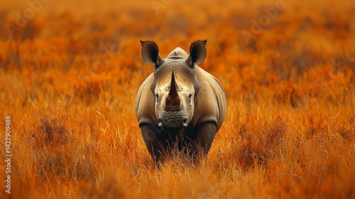 White rhino facing camera in African savanna