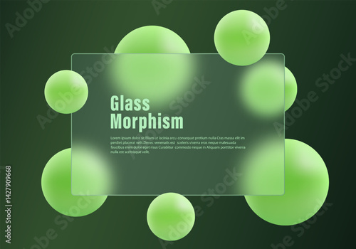 Abstract glass morphism background. Frosted glass screen with overlay effect on floating 3D spheres in green on dark gradient background.