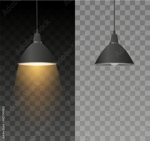 Vector set of ceiling lights with lampshade, light on and off.