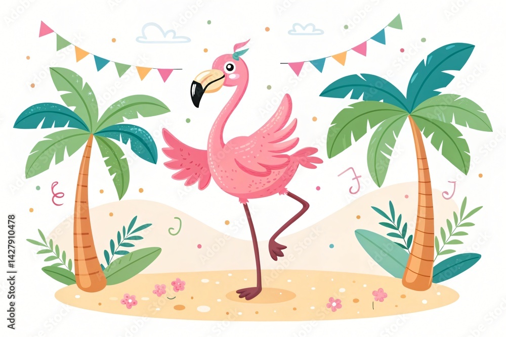 Naklejka premium Happy Flamingo Dancing on Tropical Beach Summer Party Illustration Cute Cartoon Bird