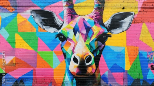 A colorful mural on a brick wall depicts a vibrant, geometric giraffe.