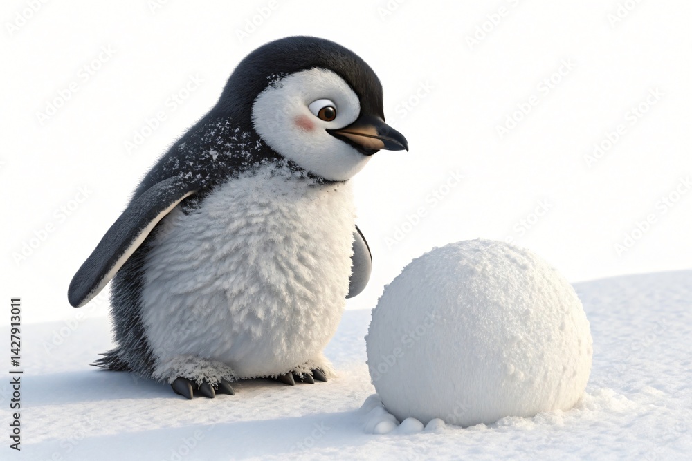 Fototapeta premium Adorable Baby Penguin Chick Encountering a Large Snowball in Snowy Landscape