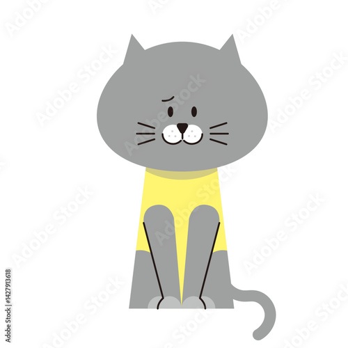 術後服を着て座っているグレーの猫のイラスト