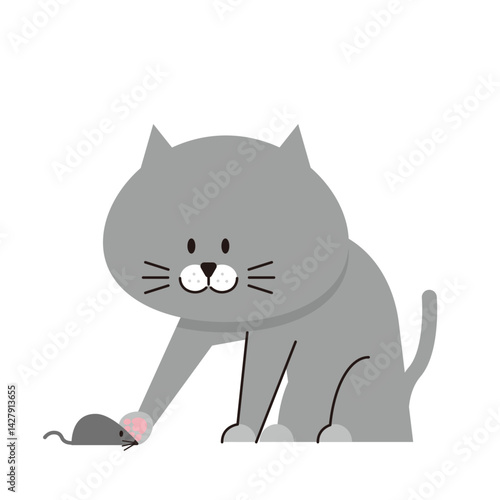 ねずみのおもちゃで遊ぶグレーの猫のイラスト