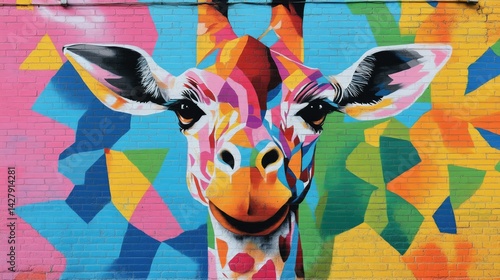 A colorful mural on a brick wall depicts a vibrant, geometric giraffe.