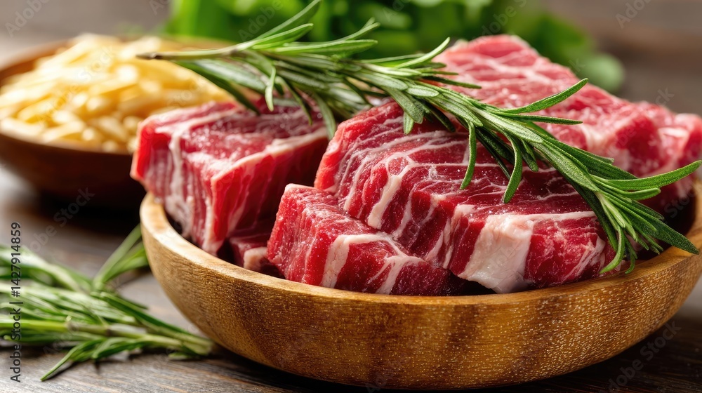 Panorama of fresh pet food with high-quality meat concept. Fresh raw beef slices with herbs in a wooden bowl on a table.