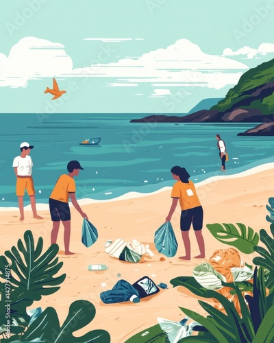 Beach Cleanup Pixel Art Illustration of Volunteers Collecting Trash on Tropical Shore
