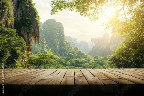 Wooden tabletop with a green landscape of forest and mountain background with sunlight for product display presentation mockup design, a landscape view of the Thai concept in a natural environment