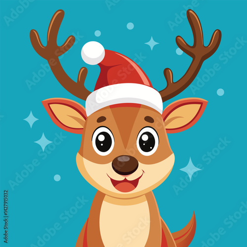 Happy Reindeer Wearing Santa Hat in Festive Pose