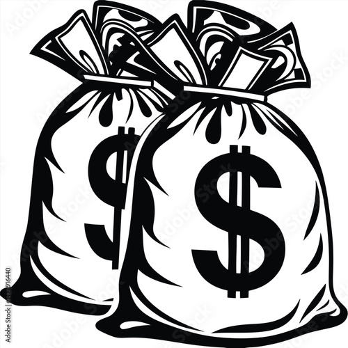 Two Monochrome Moneybags with Dollar Sign Emblems and Tied Tops Design