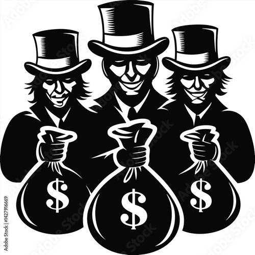 Top Hats, Suits, & Bags of Money Silhouette Black and White Vintage