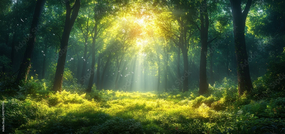 Obraz premium Sunbeams Illuminating a Mystical Forest Path