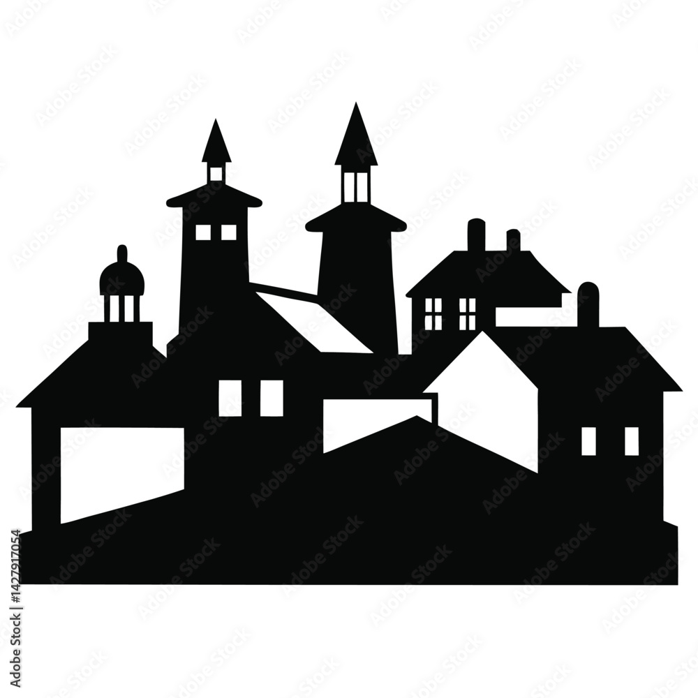 Fototapeta premium Rustic Village Silhouette Rooftops Countryside Vector
