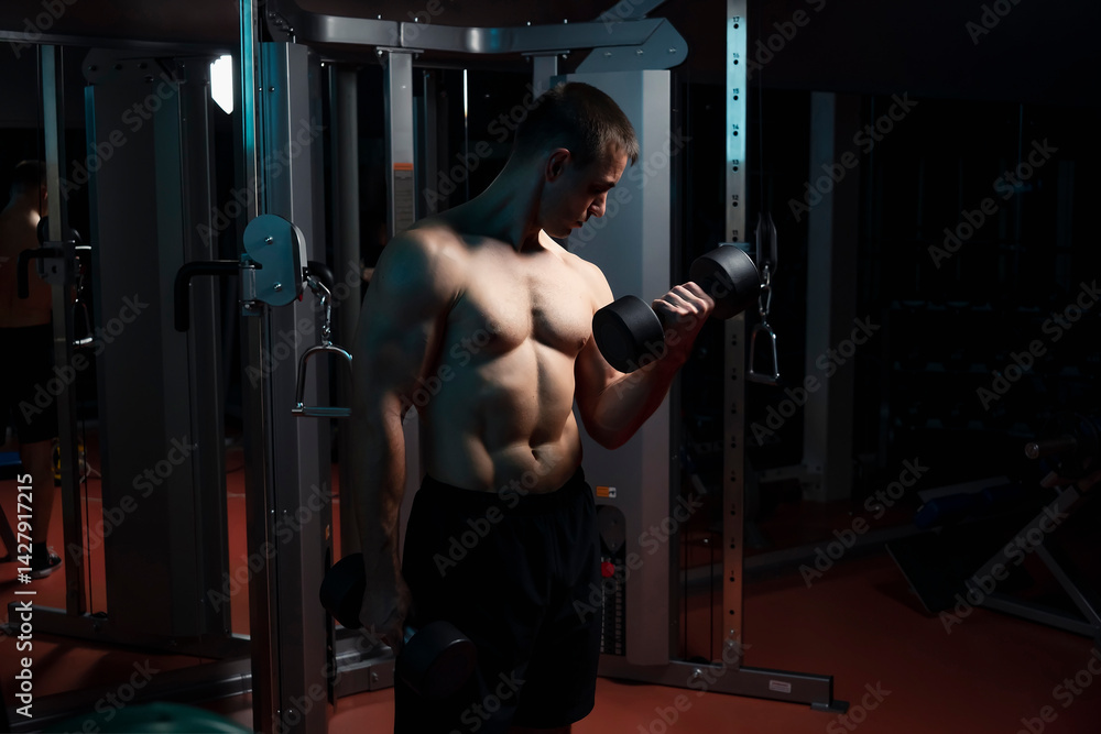 sport bodybuilding, training and people concept - close up of young man with dumbbell flexing biceps over dark gym background