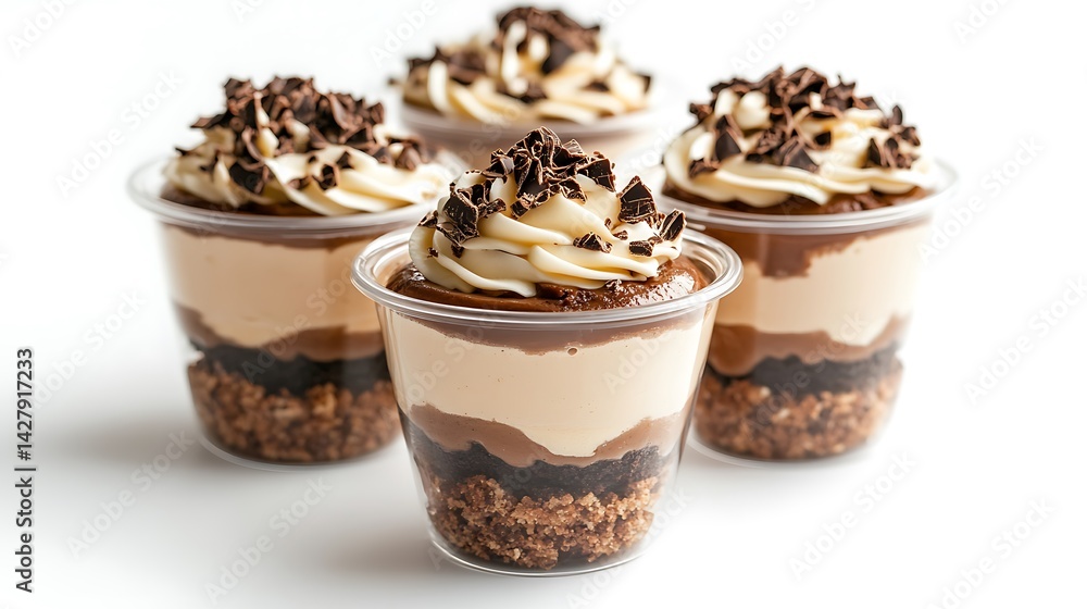 Layered Chocolate Mousse Dessert in Cups with Whipped Topping on White Background Layered Chocolate Mousse Dessert in Cups with Whipped Topping on White Background