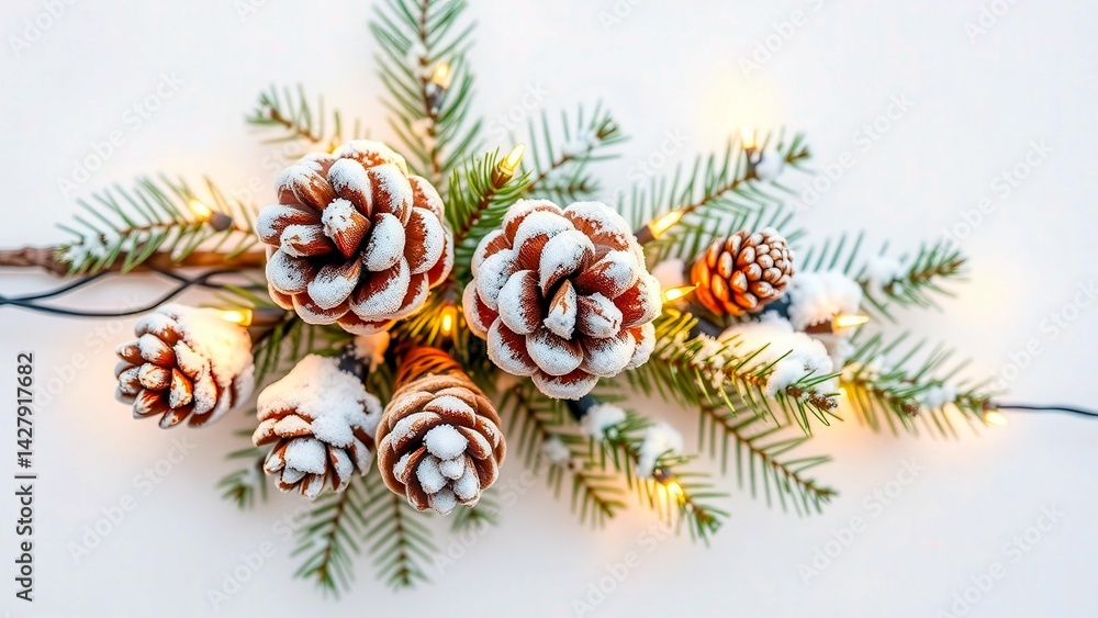Fototapeta premium Snow-covered pine cones sit comfortably on spruce branches among twinkling Christmas lights. The soft glow of the garland creates a warm, festive atmosphere.