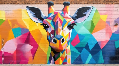 A colorful mural on a brick wall depicts a vibrant, geometric giraffe.