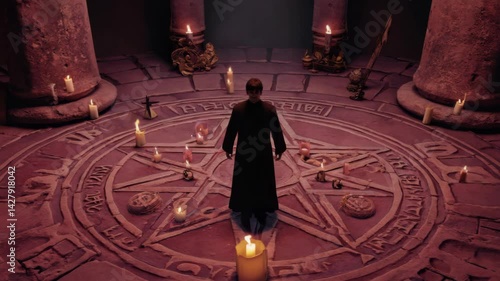 A robed figure standing within a carved pentagram circle surrounded by burning candles in a stone chamber, columns and mysterious objects.