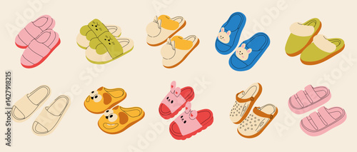 Summer cute slippers, sandals, flop flip shoes beach footwear accessories set. Stylish modern design. Flat hand drawn colorful vector illustration. Womens and childrens cute house shoes