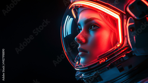 Futuristic astronaut woman in a glowing space helmet, side profile