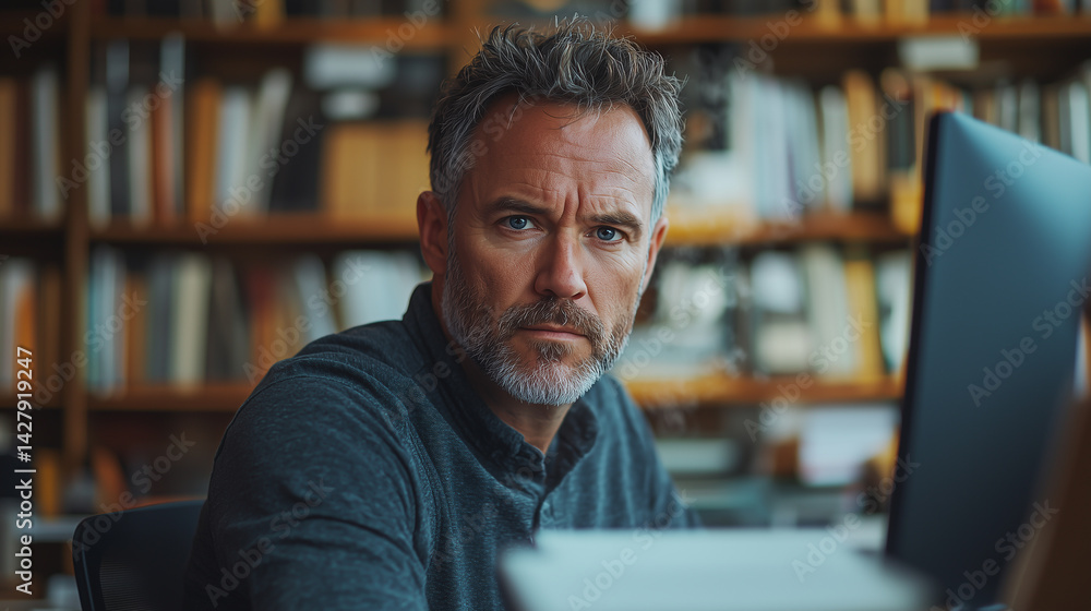 Obraz premium Focused man working at a desk surrounded by books in a cozy library