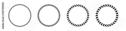 Chevron arrow circles set. Chevron shape round frame. Motion direction road border. Triangle arrow sign. Warning repeat stripe. Circle arrow icon. Vector illustration isolated on white background.