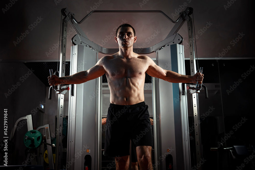 Training young man in a dark gym at night on a simulator for pumping the muscles of the biceps and triceps. Rendezvous of hands along with heaviness. The athlete is swinging.