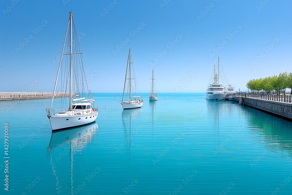 Fototapeta premium A realistic photo of a clean harbor with sailboats and no visible litter