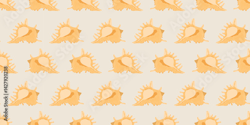 Seamless pattern with bright colorful Sea shells on beige background in modern flat style. Trendy pattern for fabric, textile, wrapping paper, wallpaper, stickers, notebook cover