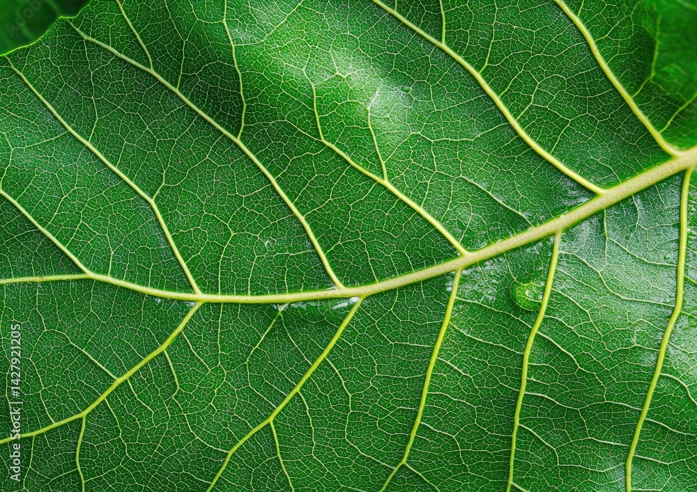 Fototapeta premium Green leaf with water droplets close up. Green background for design, eco concept.