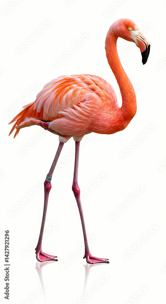 Fototapeta premium Standing Flamingo Bird with Pink Feathers Isolated on White