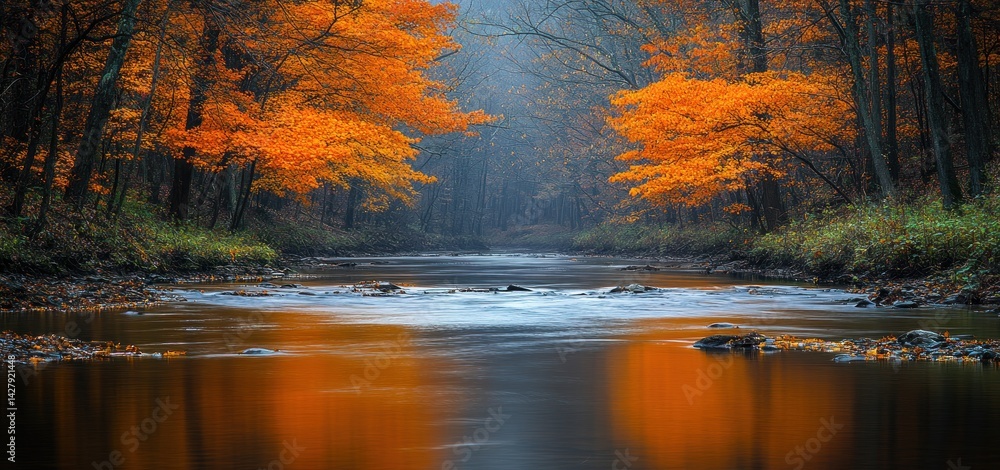 Obraz premium Autumnal River Reflection: A Serene Forest Scene