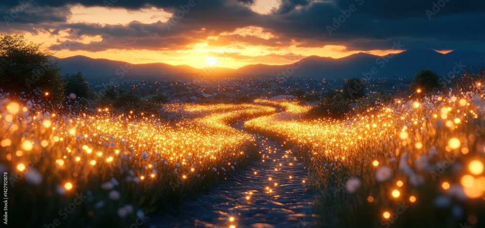 Magical Sunset Path: Glowing Meadow at Golden Hour Magical Sunset Path: Glowing Meadow at Golden Hour