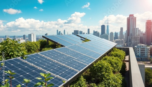 Urban Sustainability: Solar Panels Powering a Green Roof in a Modern Cityscape