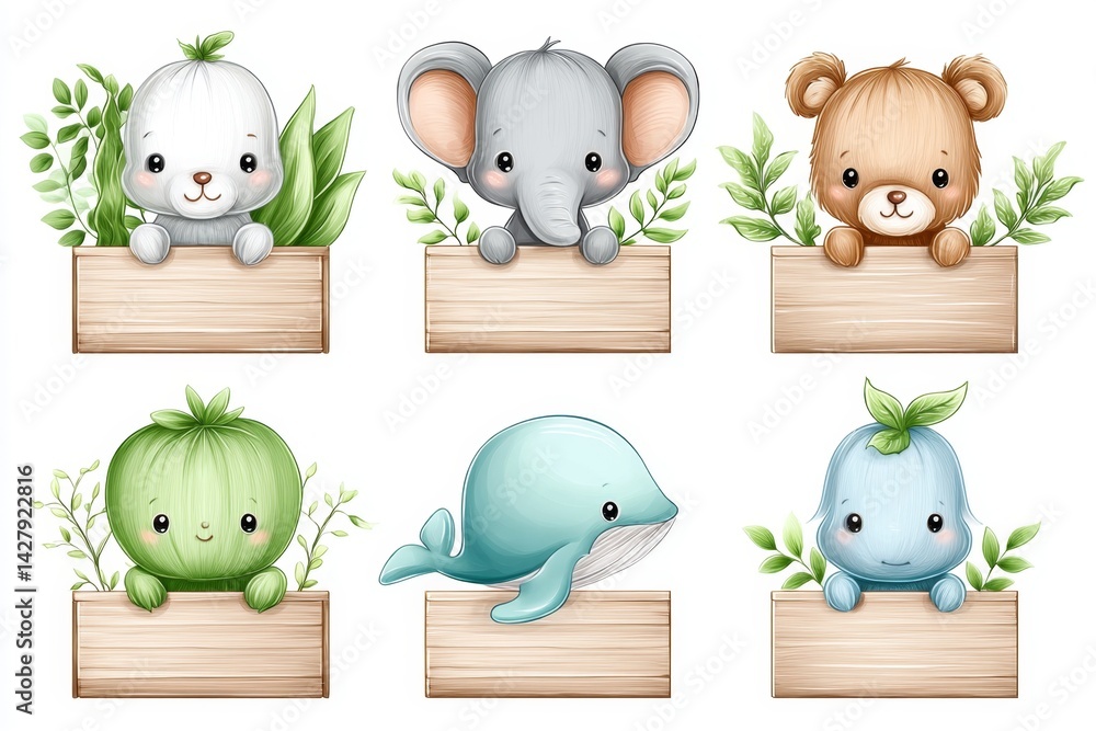Cute 2D drawing of marine animals holding signs like no plastic and clean seas now on white background