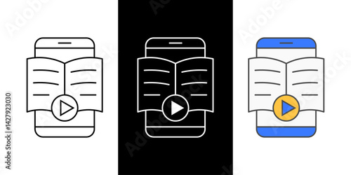 Smartphone with open book and play button icon set in outline, dark mode, and color styles. Ideal for audiobook apps, e-learning platforms, and mobile video reading interfaces.