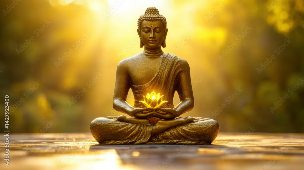 Serene Buddha statue in meditation holding a glowing lotus flower... Serene Buddha statue in meditation holding a glowing lotus flower...