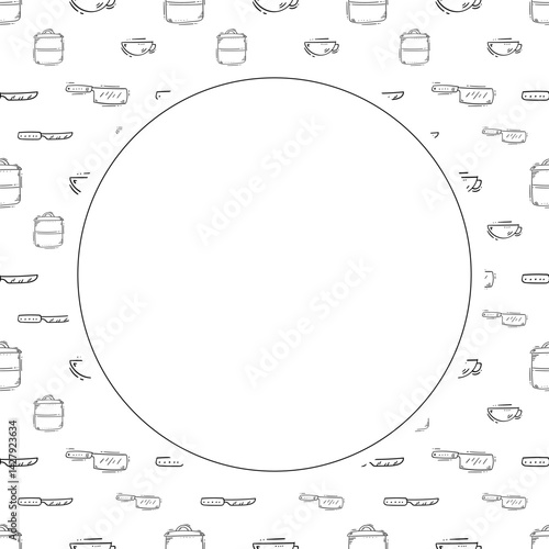 kitchen utensil frame. doodle kitchenware circle frame. kitchen background