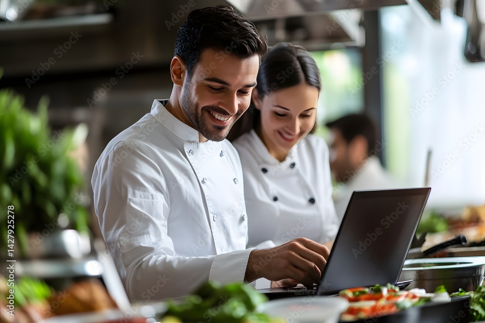 Fototapeta premium Chefs Using Laptop in Restaurant Kitchen